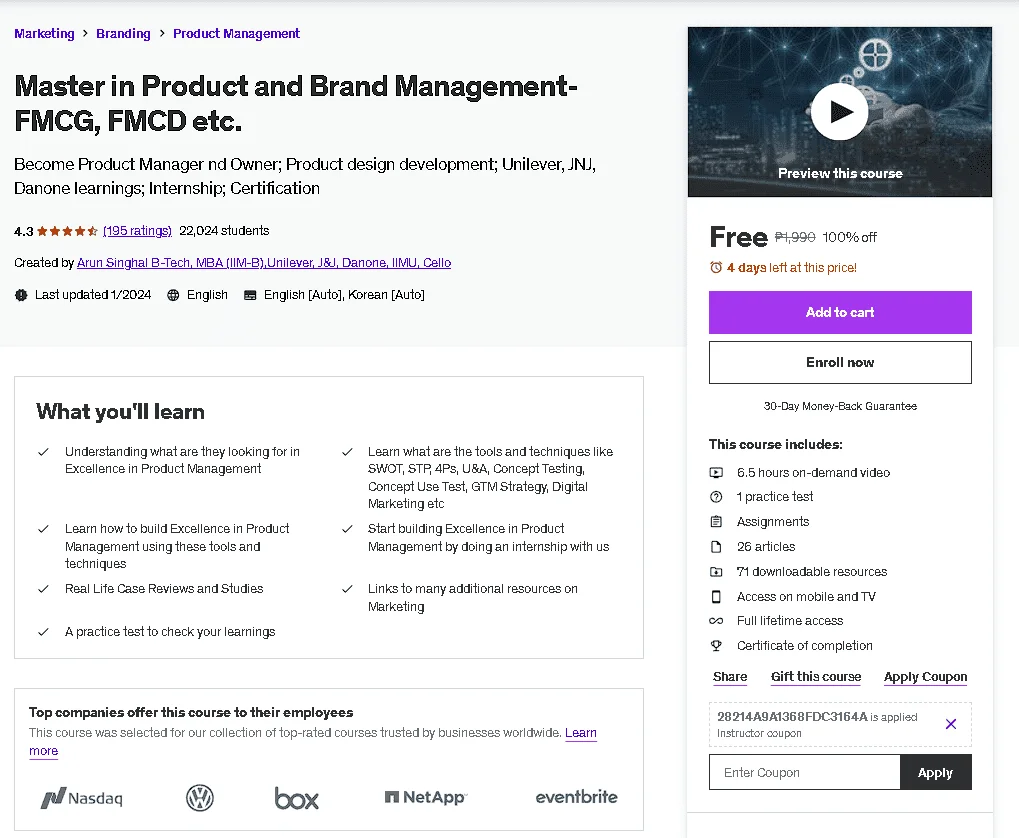 Free Udemy Course: Master in Product and Brand Management- FMCG, FMCD etc.