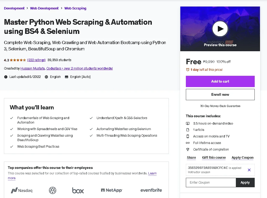Free Udemy Course: Master Python Web Scraping & Automation using BS4 & Selenium
