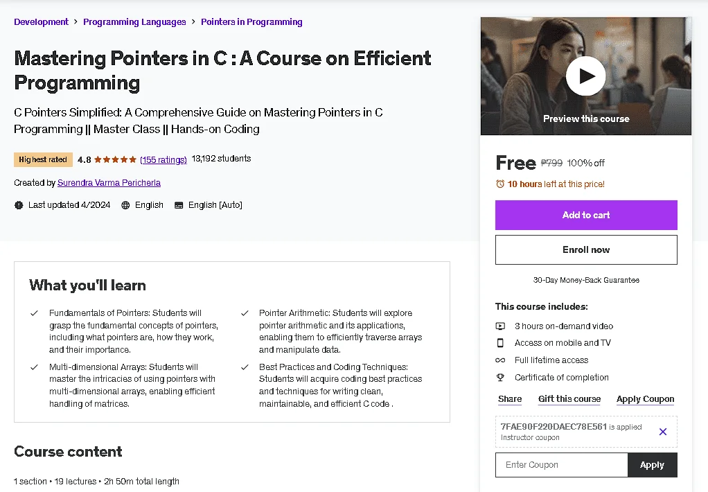 Free Udemy Course: Mastering Pointers in C : A Course on Efficient Programming (Highest Rated)