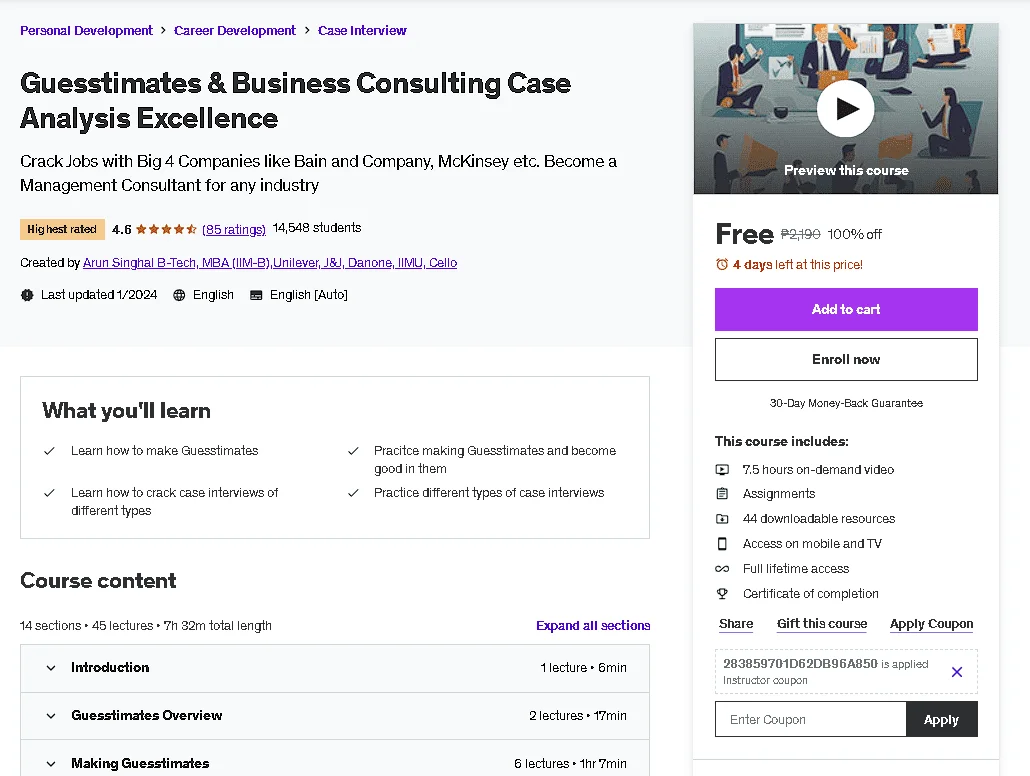 Free Udemy Course: Guesstimates & Business Consulting Case Analysis Excellence (Highest Rated)