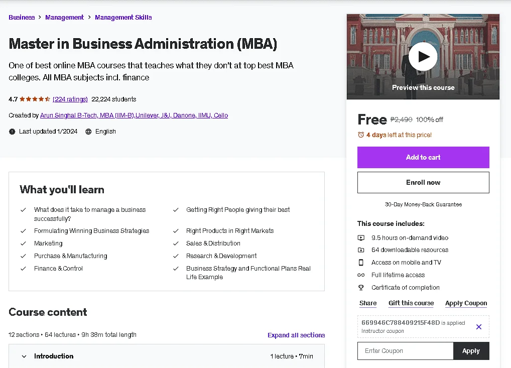 Free Udemy Course: Master in Business Administration (MBA)
