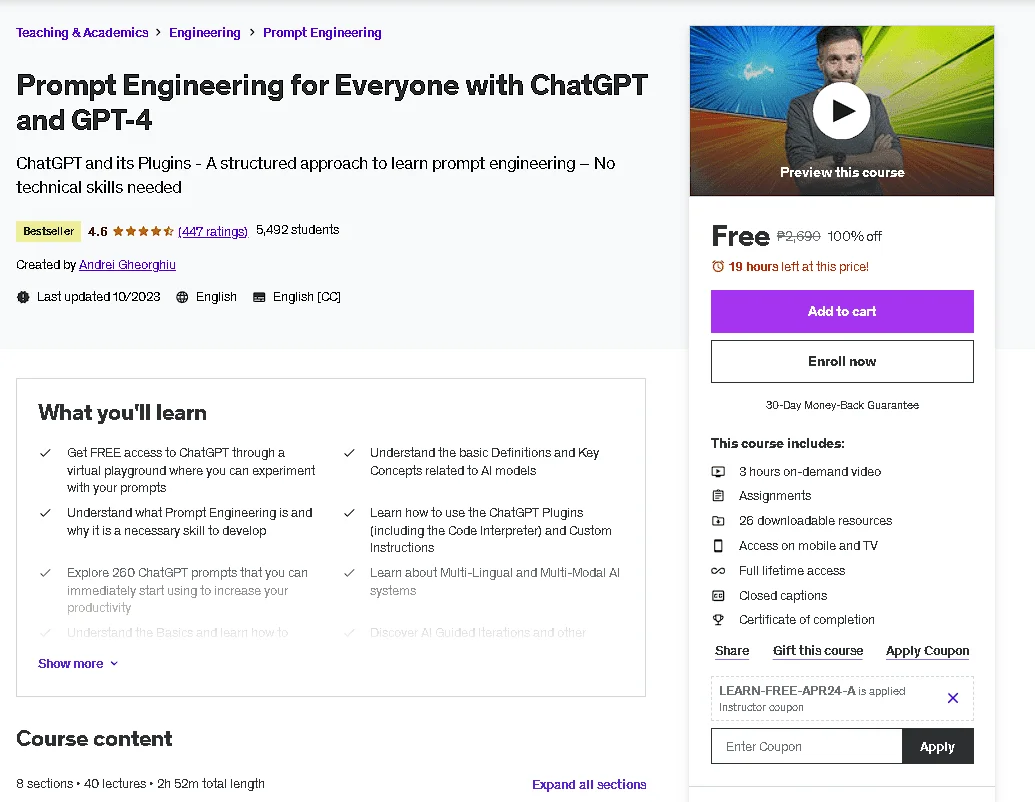 Free Udemy Course: Prompt Engineering for Everyone with ᑕᕼᗩTGᑭT and GPT-4 (Bestseller)