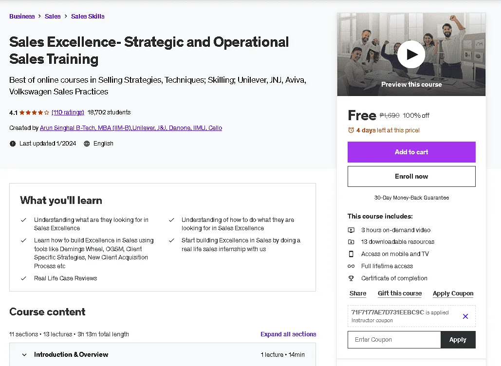 Free Udemy Course: Sales Excellence- Strategic and Operational Sales Training