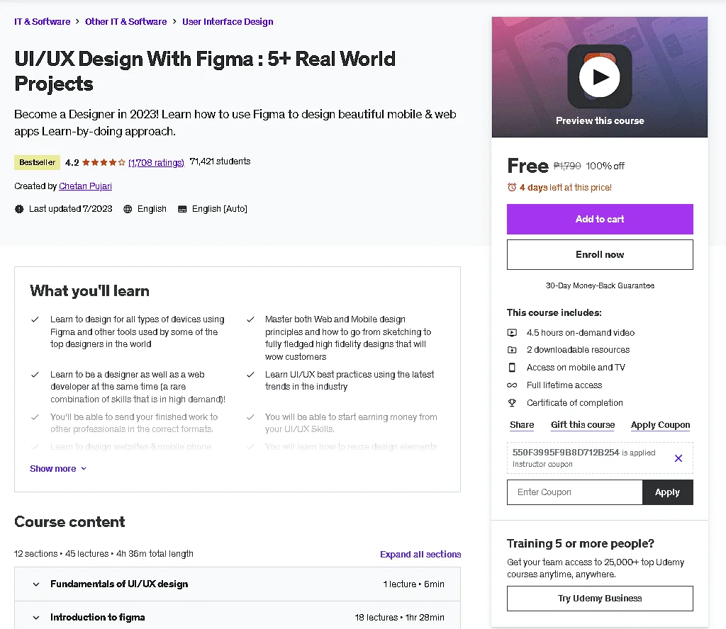 Free Udemy Course: UI/UX Design With Figma : 5+ Real World Projects(Bestseller)