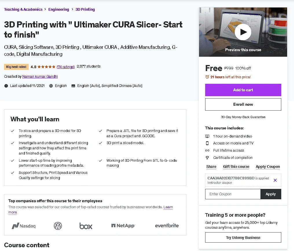 Free Udemy Course: 3D Printing with Ultimaker CURA Slicer- Start to finish (Highest Rated)