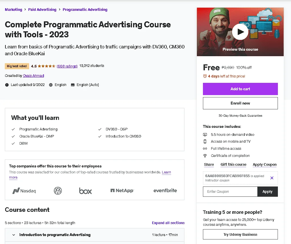 Free Udemy Course: Complete Programmatic Advertising Course with Tools - 2023(Highest Rated)