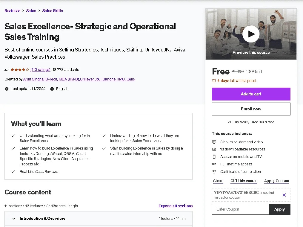 Free Udemy Course: Sales Excellence- Strategic and Operational Sales Training