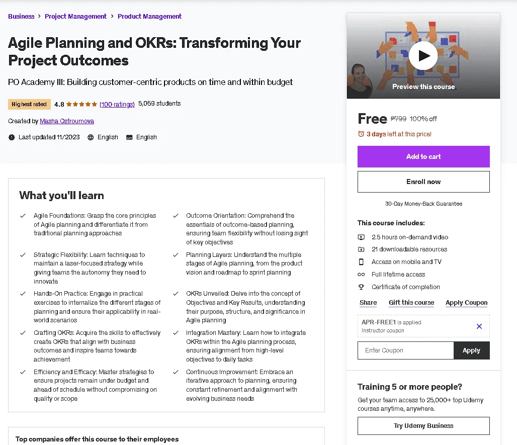 Free Udemy Course: Agile Planning and OKRs: Transforming Your Project Outcomes(Highest Rated)