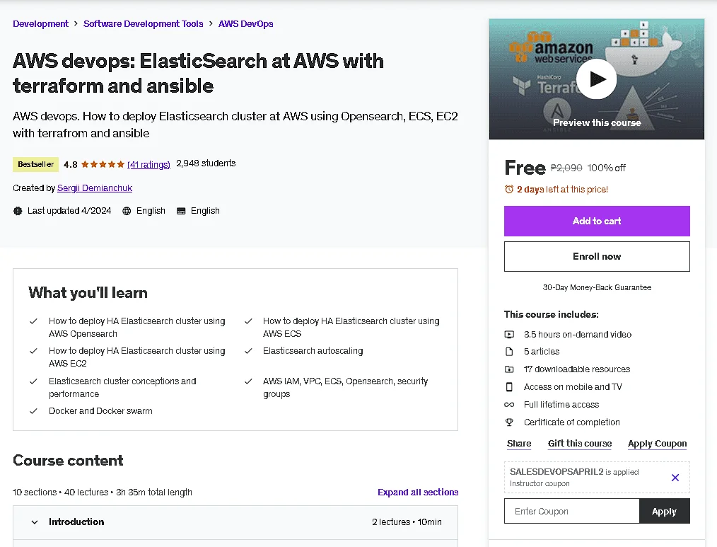 Free Udemy Course: AWS devops: ElasticSearch at AWS with terraform and ansible(Bestseller)