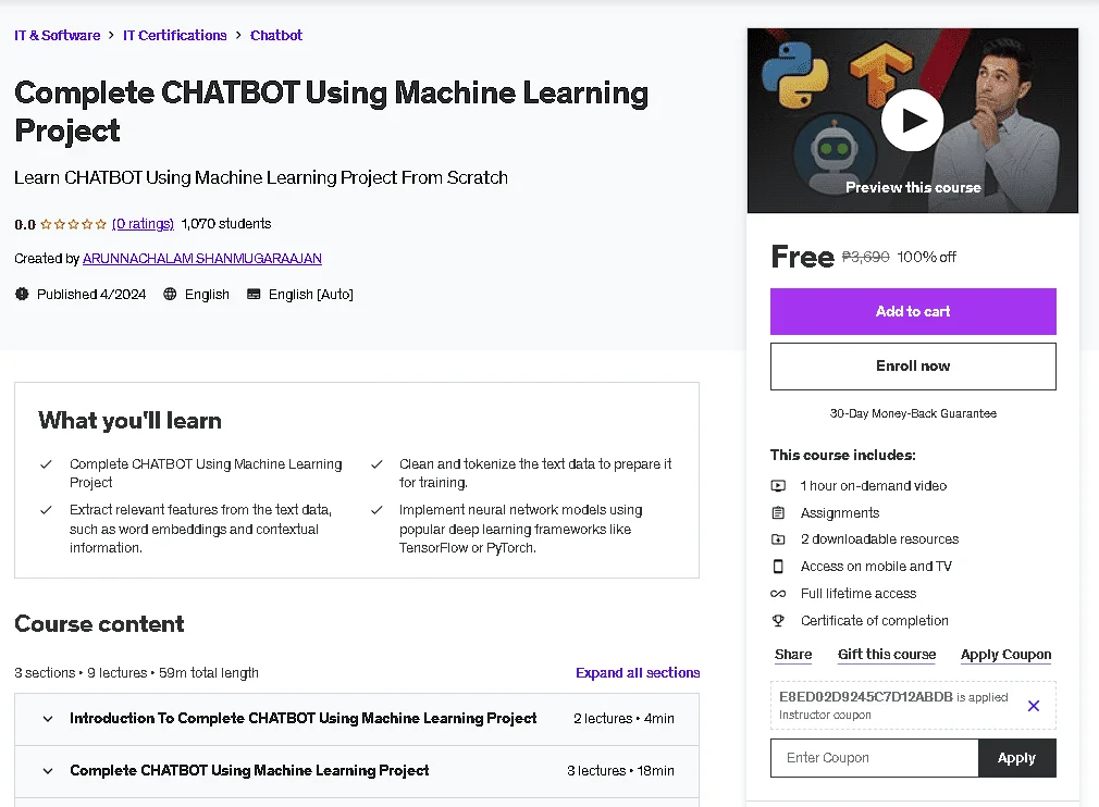 Free Udemy Coure: Complete CHATBOT Using Machine Learning Project