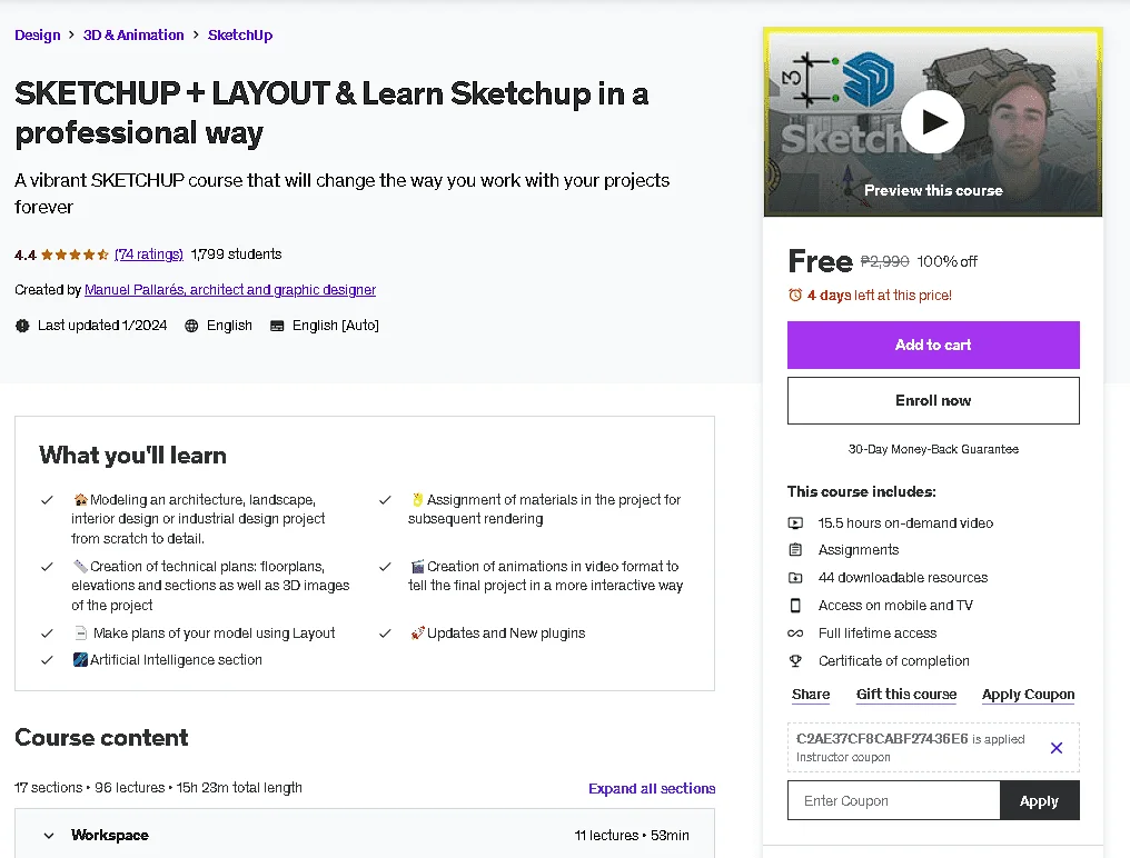 Free Udemy Course: SKETCHUP + LAYOUT & Learn Sketchup in a professional way