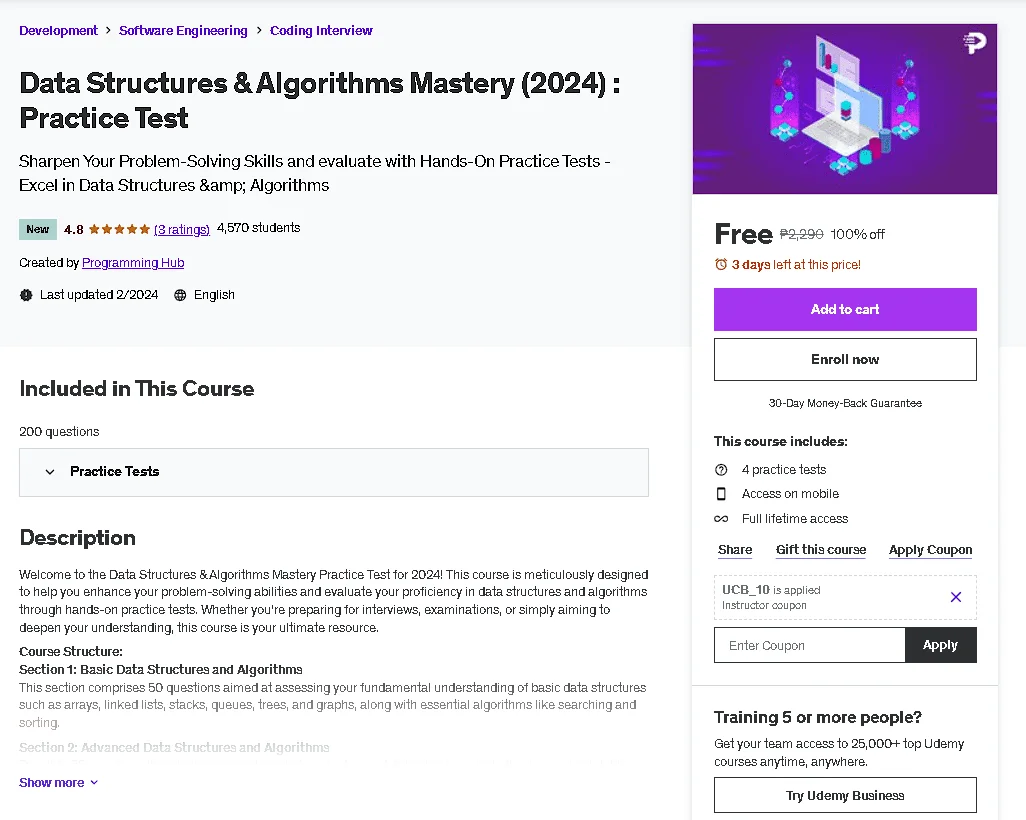 Free Udemy Course: Data Structures & Algorithms Mastery (2024) : Practice Test