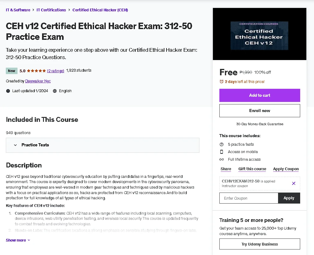 Free Udemy Course: CEH v12 Certified Ethical häçker Exam: 312-50 Practice Exam