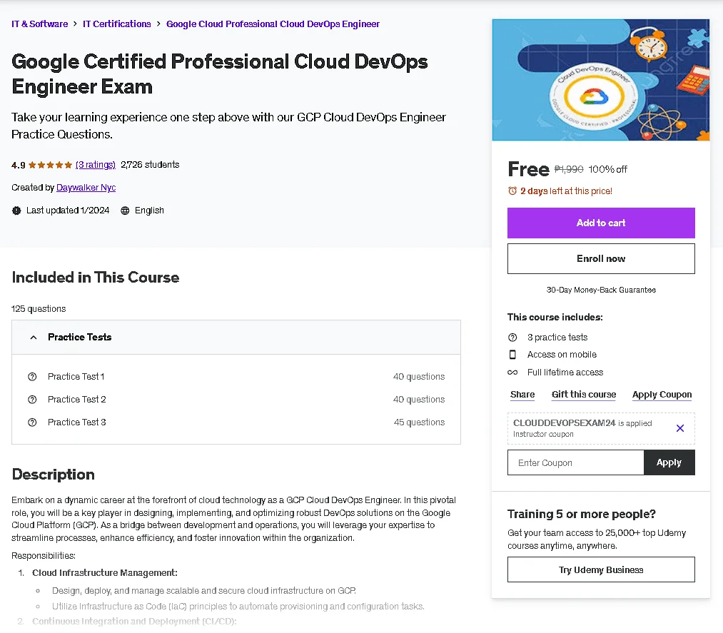 Free Udemy Course: Google Certified Professional Cloud DevOps Engineer Exam