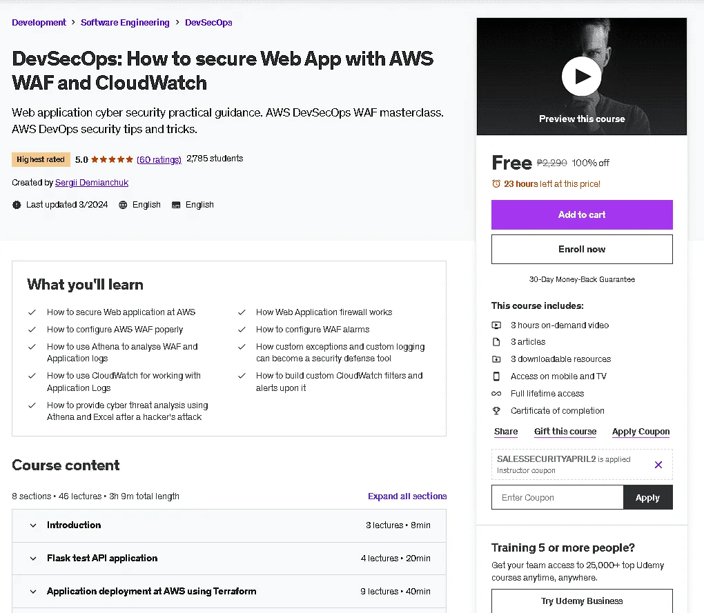 Free Udemy Course: DevSecOps: How to secure Web App with AWS WAF and CloudWatch(Highest Rated)