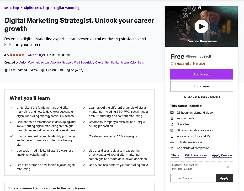 Free Udemy Course: Digital Marketing Strategist. Unlock your career growth