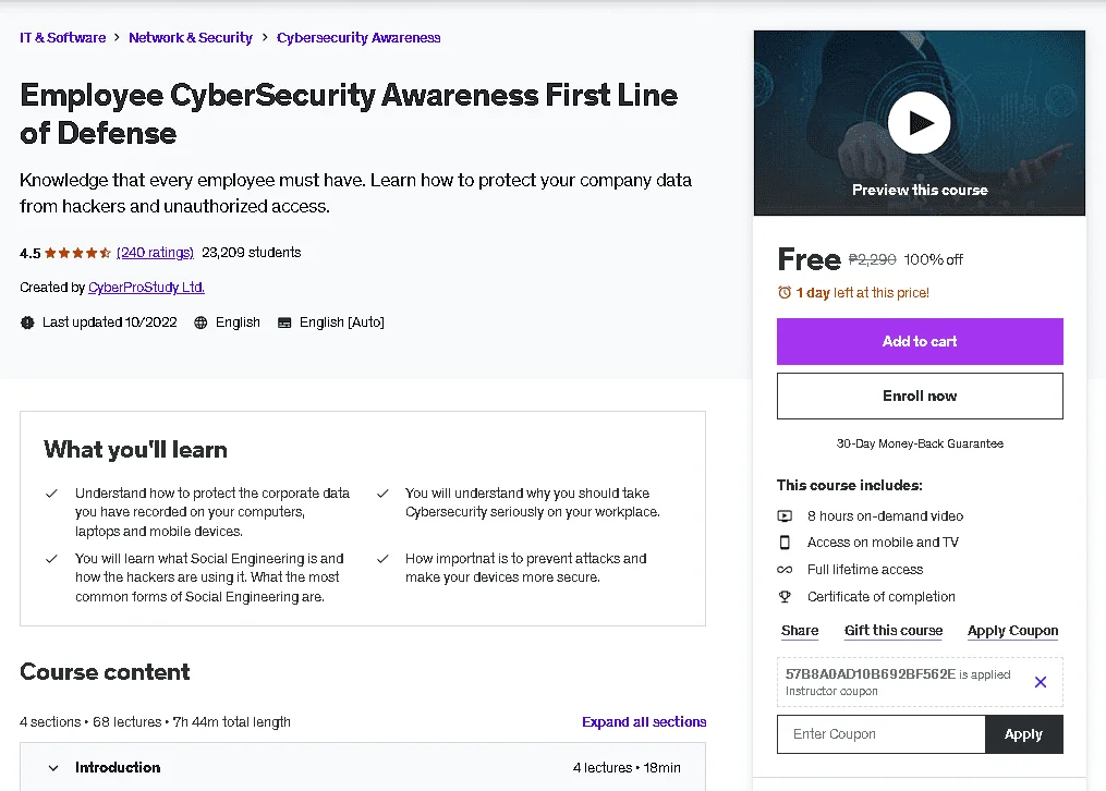 Free Udemy Course: Employee CyberSecurity Awareness First Line of Defense