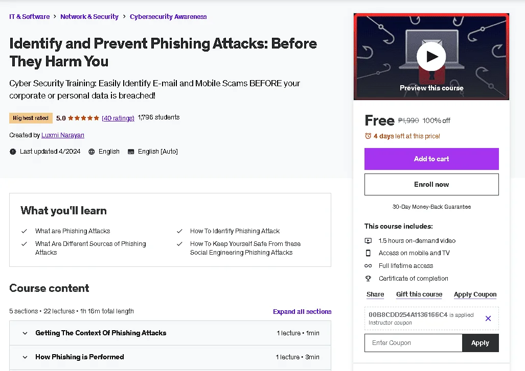 Free Udemy Course: Identify and Prevent Phishing Attacks: Before They Harm You(Highest  Rated)
