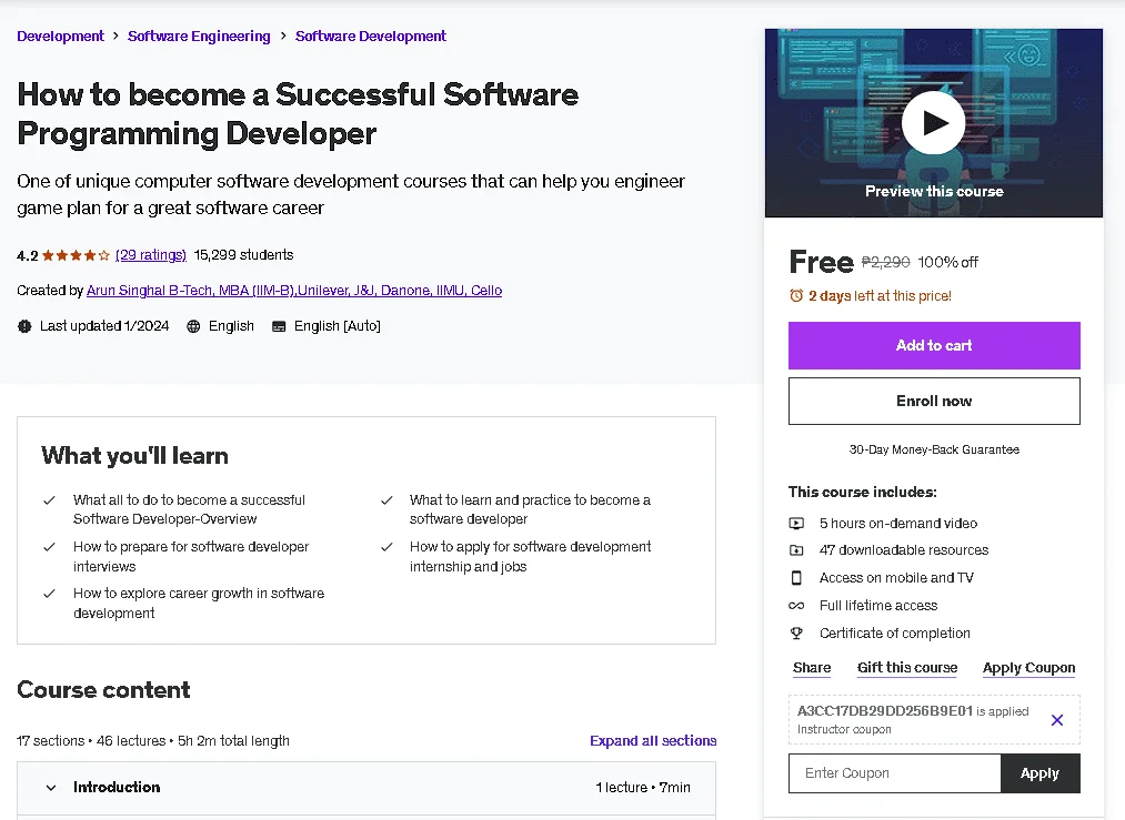 Free Udemy Course: How to become a Successful Software Programming Developer