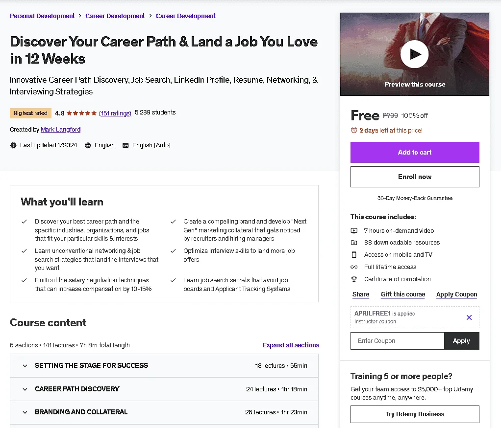 Free Udemy Course: Discover Your Career Path & Land a Job You Love in 12 Weeks(Highest Rated)