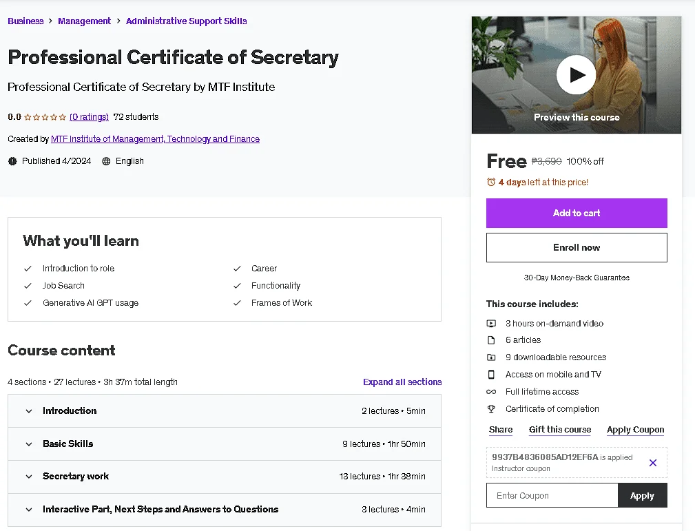 Free Udemy Course: Professional Certificate of Secretary