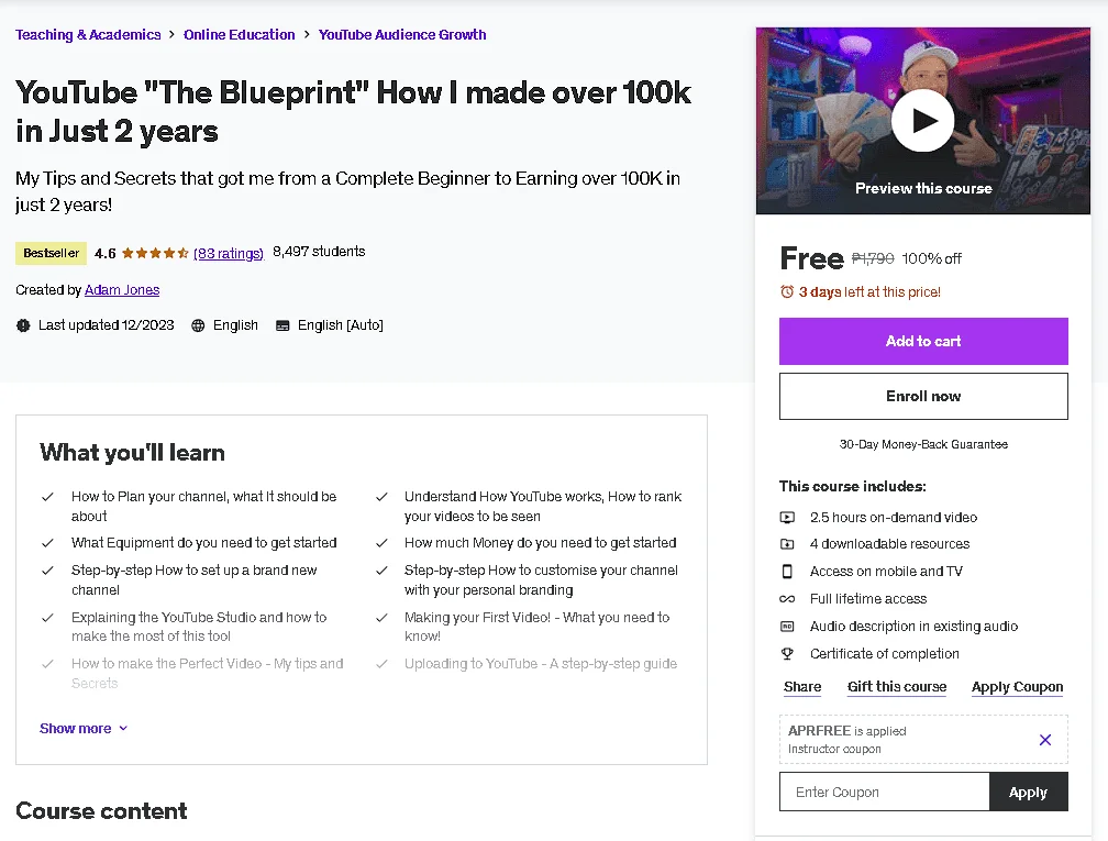 Free Udemy Course: YøùTùbé "The Blueprint" How I made over 100k in Just 2 years(Bestseller)