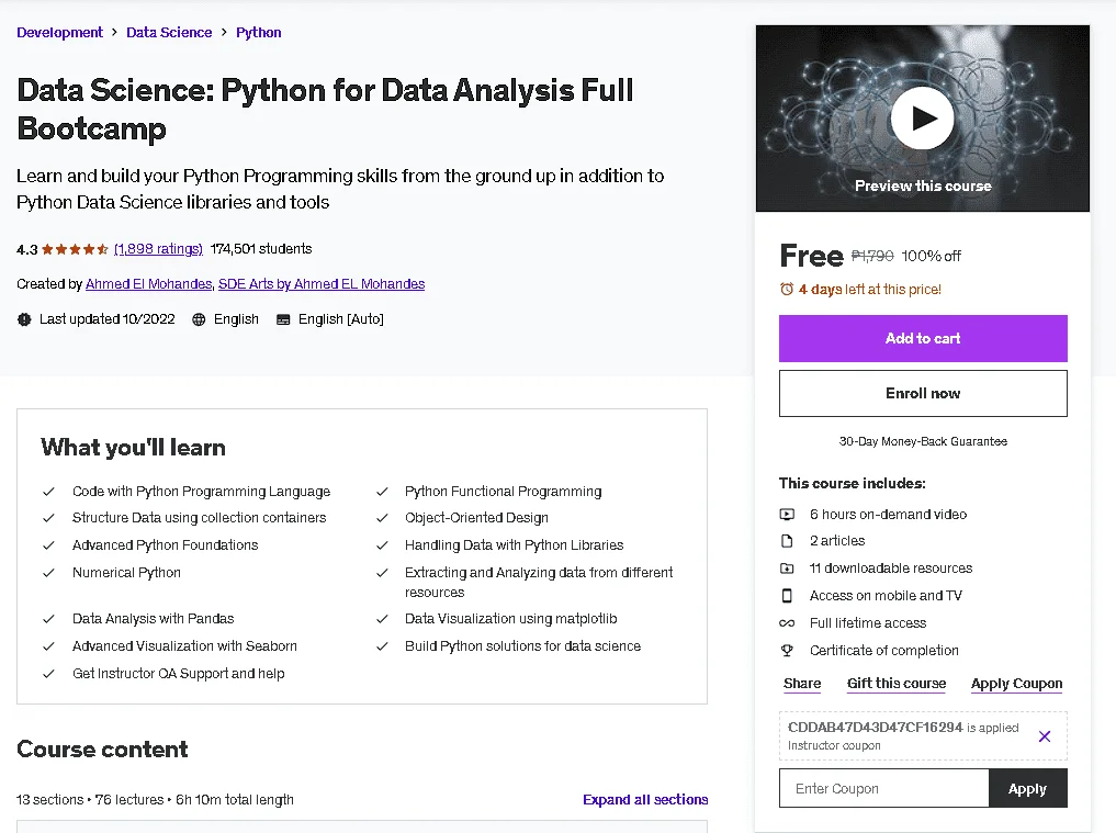 Free Udemy Course: Data Science: Python for Data Analysis Full Bootcamp