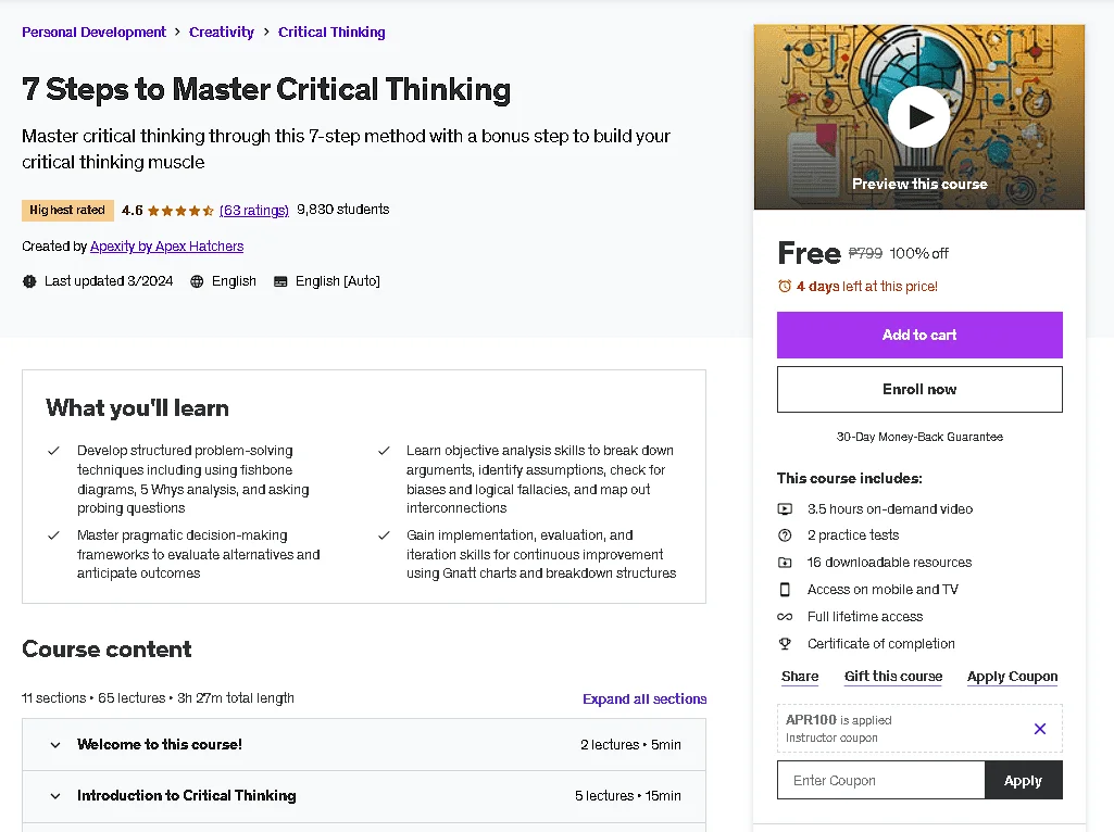 Free Udemy Course: 7 Steps to Master Critical Thinking(Highest Rated)