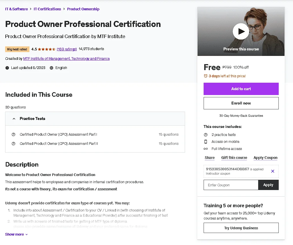 Free Udemy Course: Product Owner Professional Certification(Highest Rated)