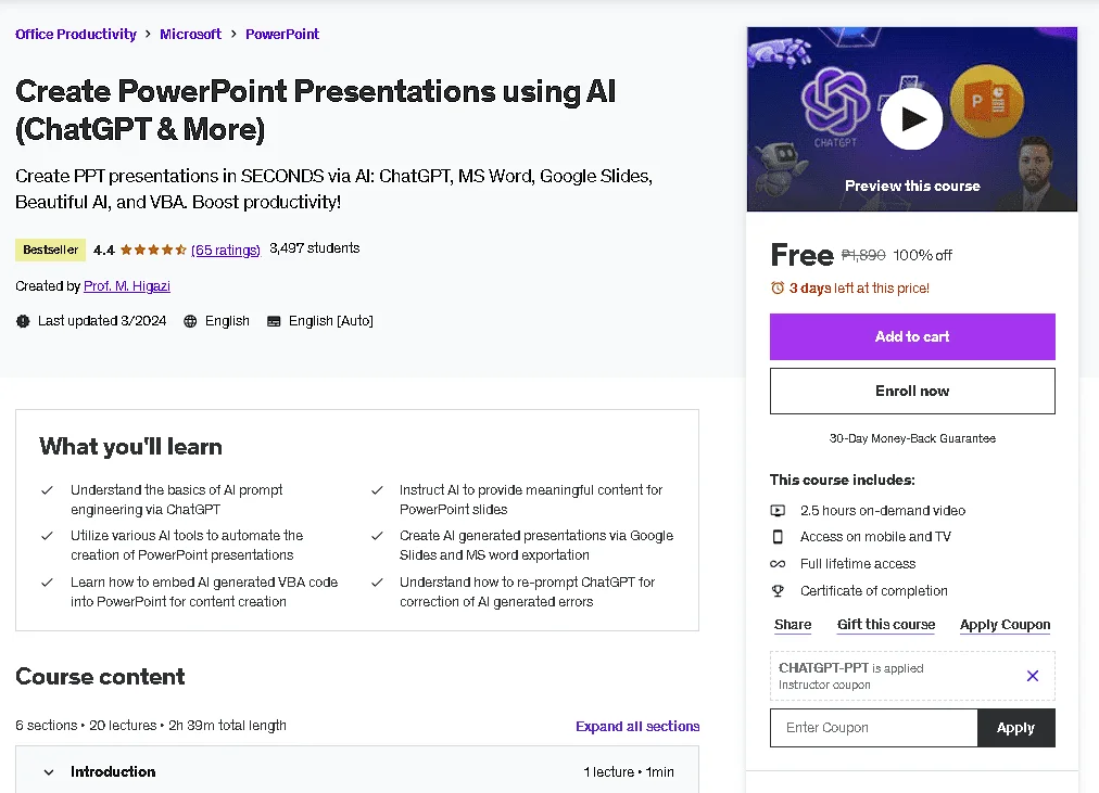 Free Udemy Course: Create PowerPoint Presentations using AI (ᑕᕼᗩTGᑭT & More) (Bestseller)