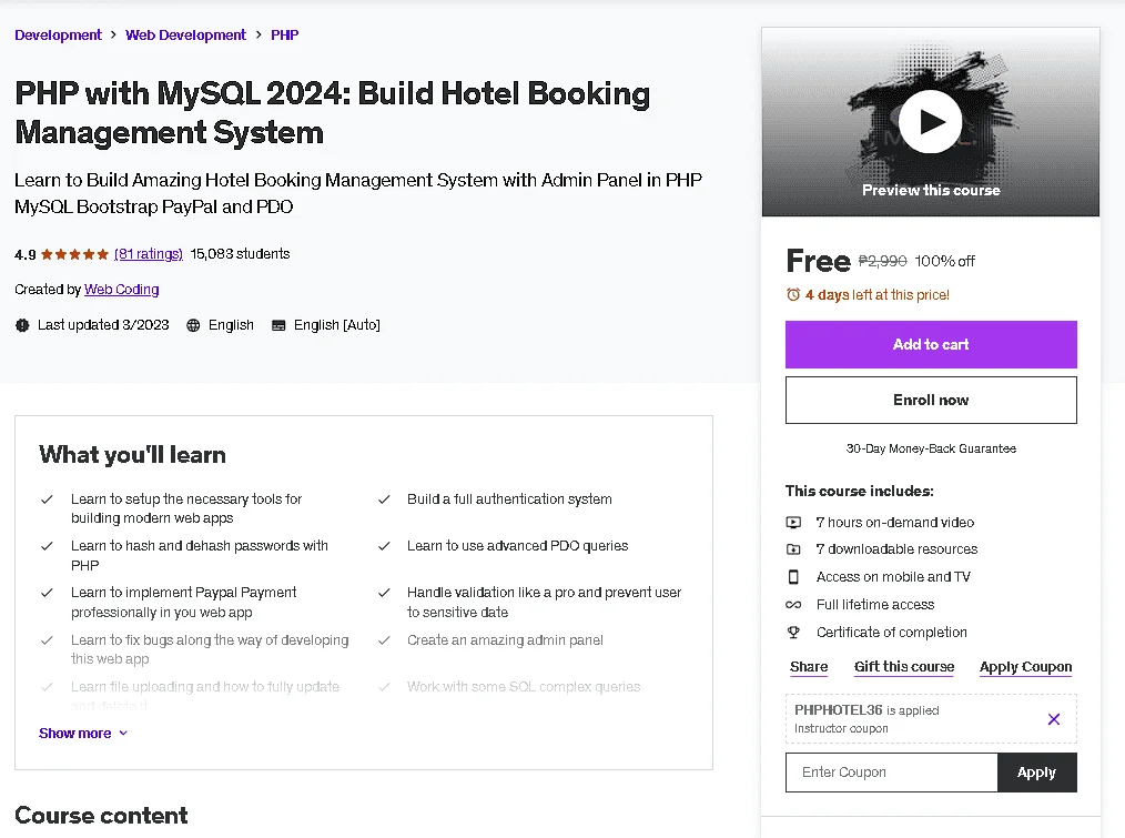 Free Udemy Course: PHP with MySQL 2024: Build Hotel Booking Management System