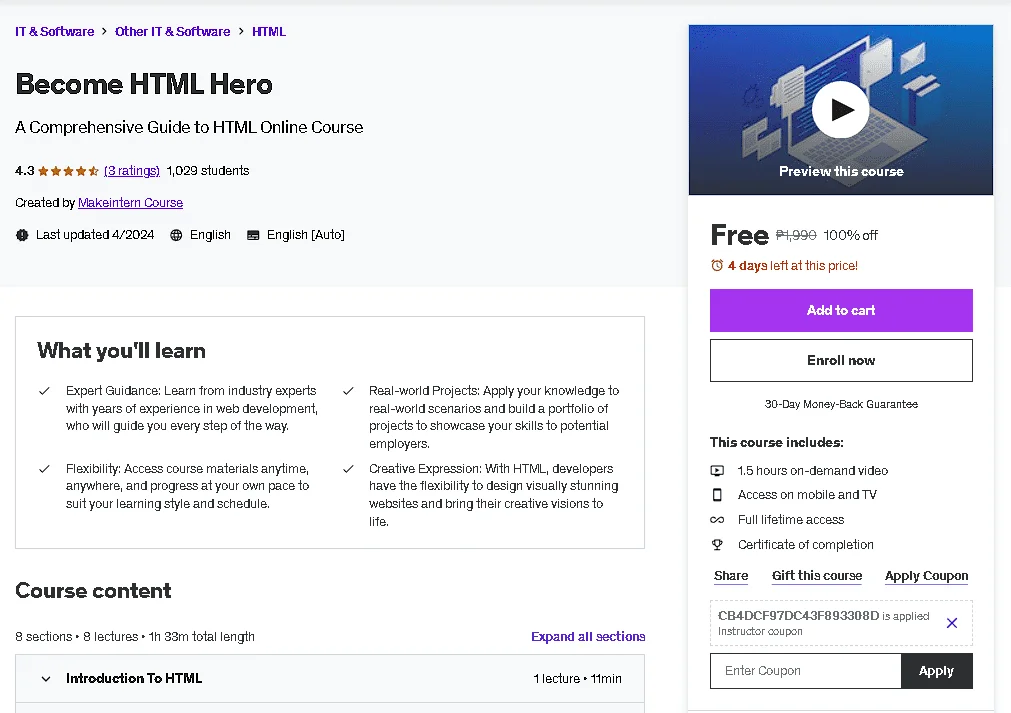 Free Udemy Course: Become HTML Hero
