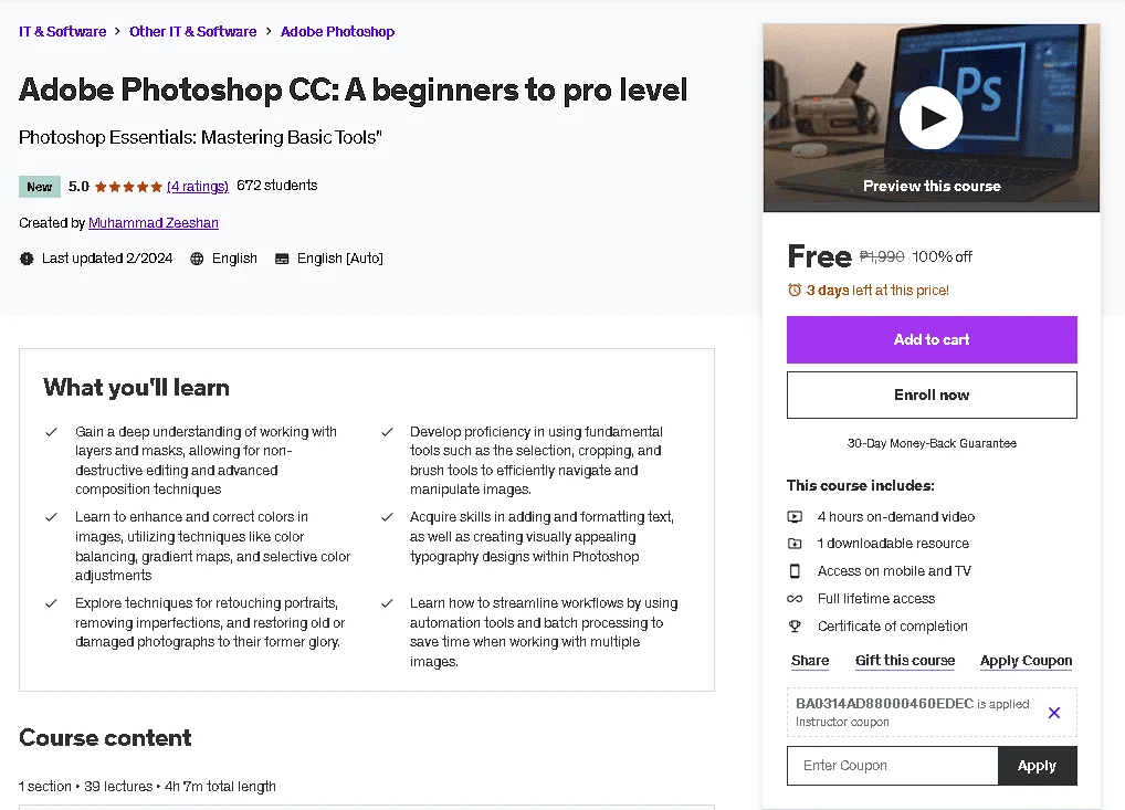 Free Udemy Course: Adobe Photoshop CC: A beginners to pro level