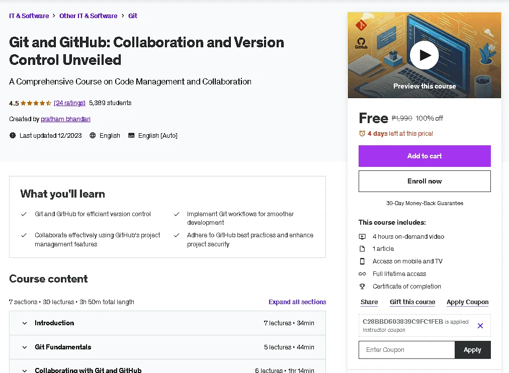 Free Udemy Course: Git and GitHub: Collaboration and Version Control Unveiled