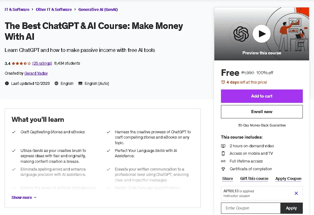 Free Udemy Course: The Best ᑕᕼᗩTGᑭT & AI Course: Make Money With AI