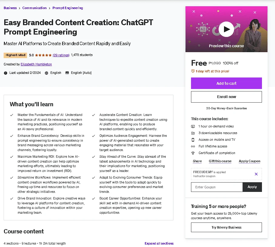 Free Udemy Course: Easy Branded Content Creation: ᑕᕼᗩTGᑭT Prompt Engineering(Highest Rated)
