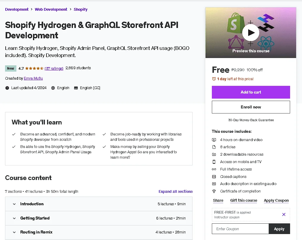 Free Udemy Course: Shopify Hydrogen & GraphQL Storefront API Development
