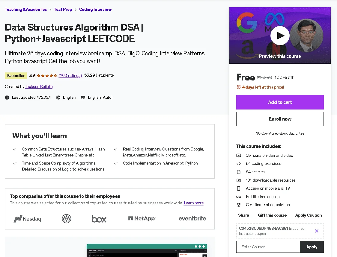Free Udemy Course: Data Structures Algorithm DSA | Python+Javascript LEETCODE (Bestseller)