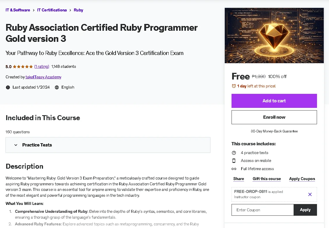 Free Udemy Course: Ruby Association Certified Ruby Programmer Gold version 3