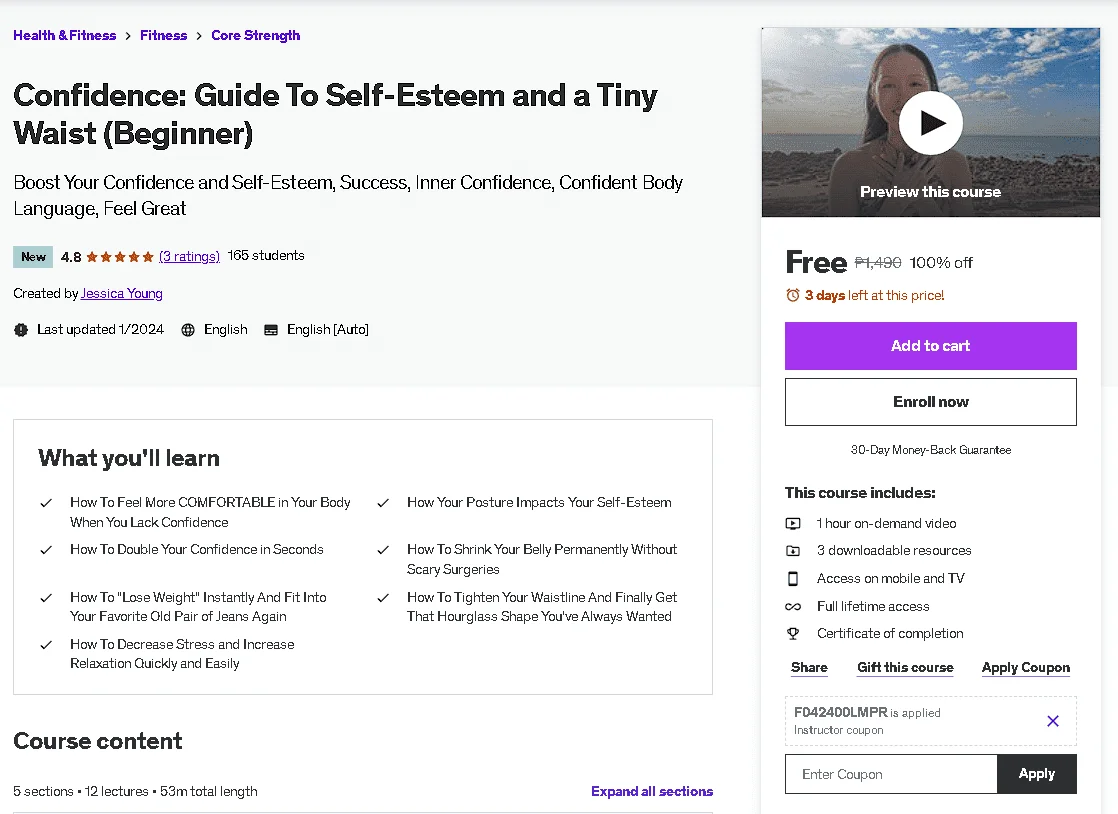 Free Udemy Course: Confidence: Guide To Self-Esteem and a Tiny Waist (Beginner)