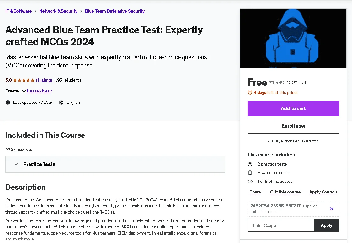 Free Udemy Course: Advanced Blue Team Practice Test: Expertly crafted MCQs 2024