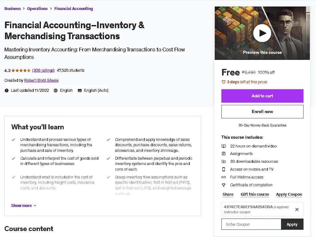Free Udemy Course: Financial AccountingInventory & Merchandising Transactions
