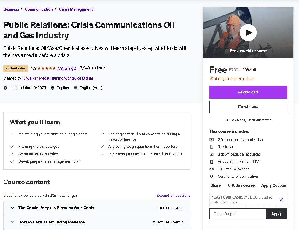 Free Udemy Course: Public Relations: Crisis Communications Oil and Gas Industry (Bestseller)