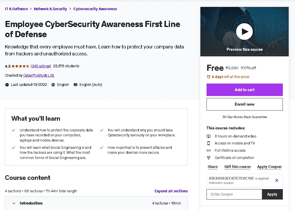 Free Udemy Course: Employee CyberSecurity Awareness First Line of Defense