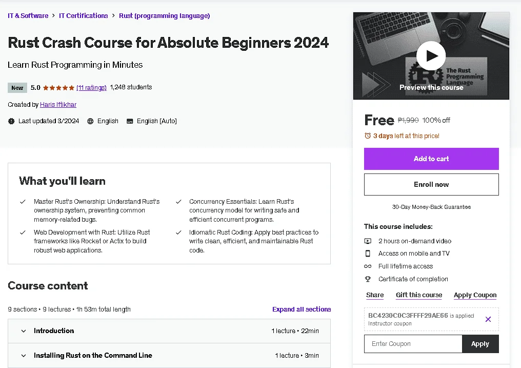 Free Udemy Course: Rust Crash Course for Absolute Beginners 2024