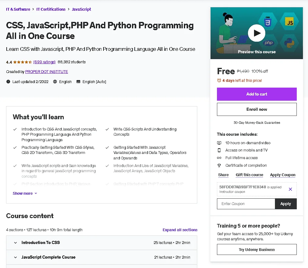 Free Udemy Course: CSS, JavaScript,PHP And Python Programming All in One Course