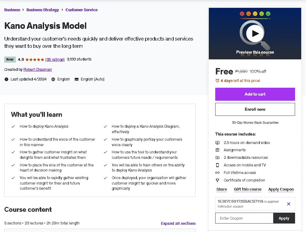Free Udemy Course: Kano Analysis Model
