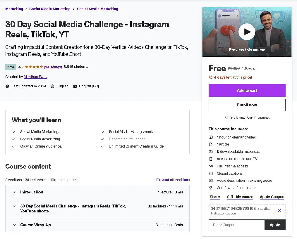 Free Udemy Course: 30 Day Social Media Challenge - Instagram Reels, TikTok, YT