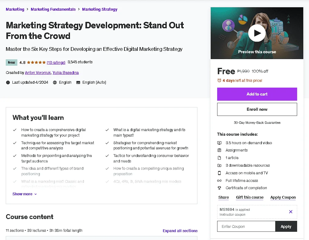 Free Udemy Course: Marketing Strategy Development: Stand Out From the Crowd