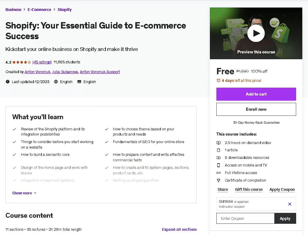 Free Udemy Course: Shopify: Your Essential Guide to E-commerce Success